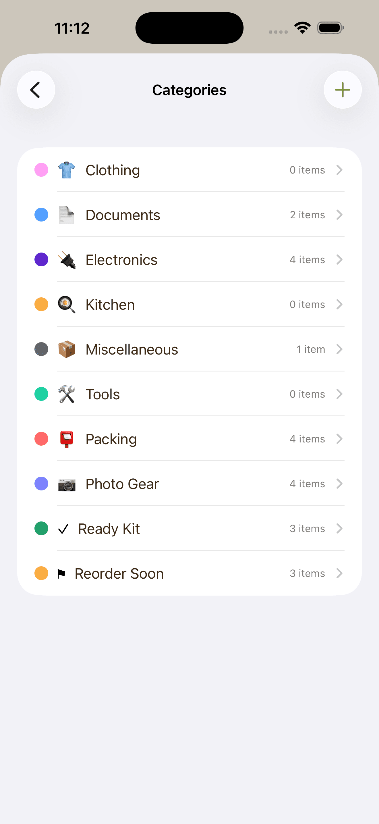 Tagomoto Categories screen with collection counts.