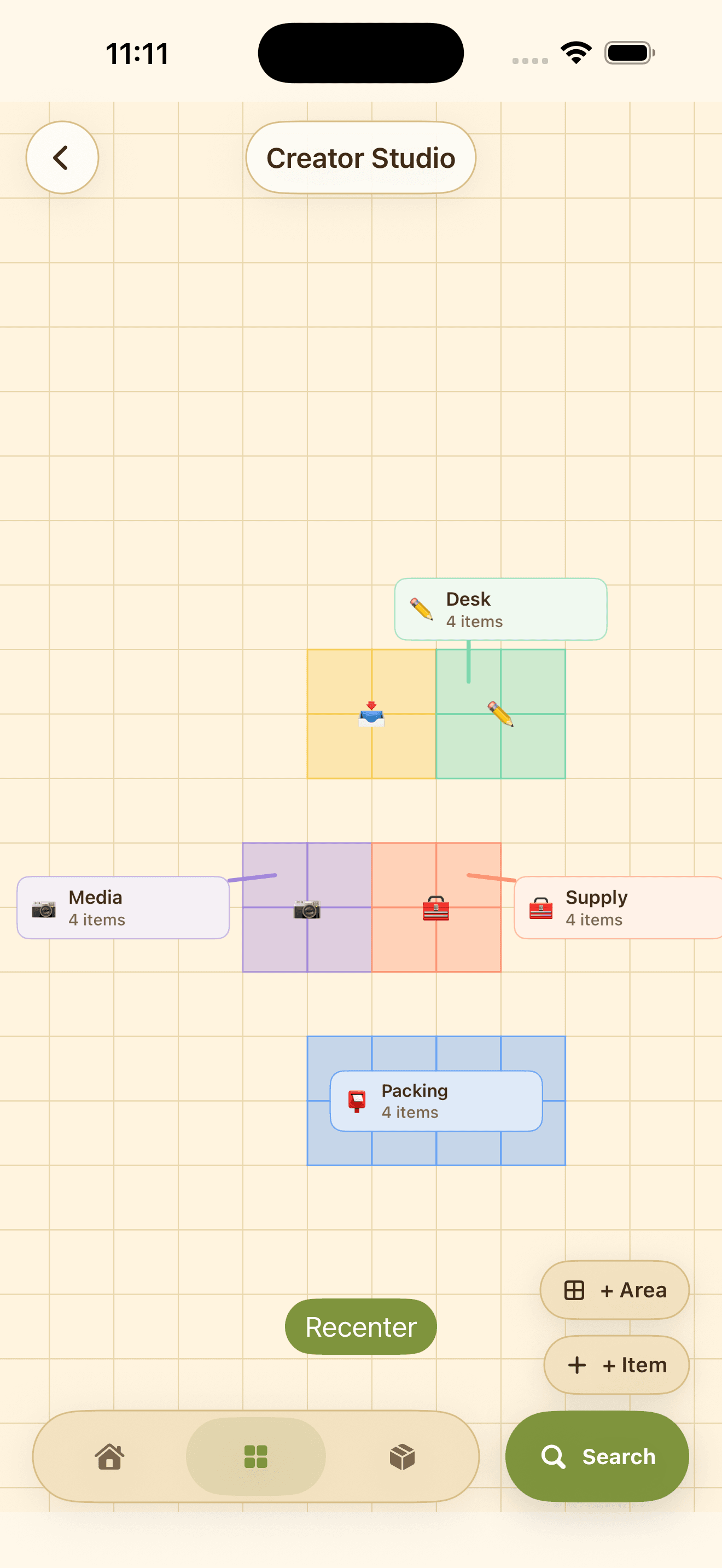 Tagomoto GridMap showing Creator Studio areas on a notebook grid.