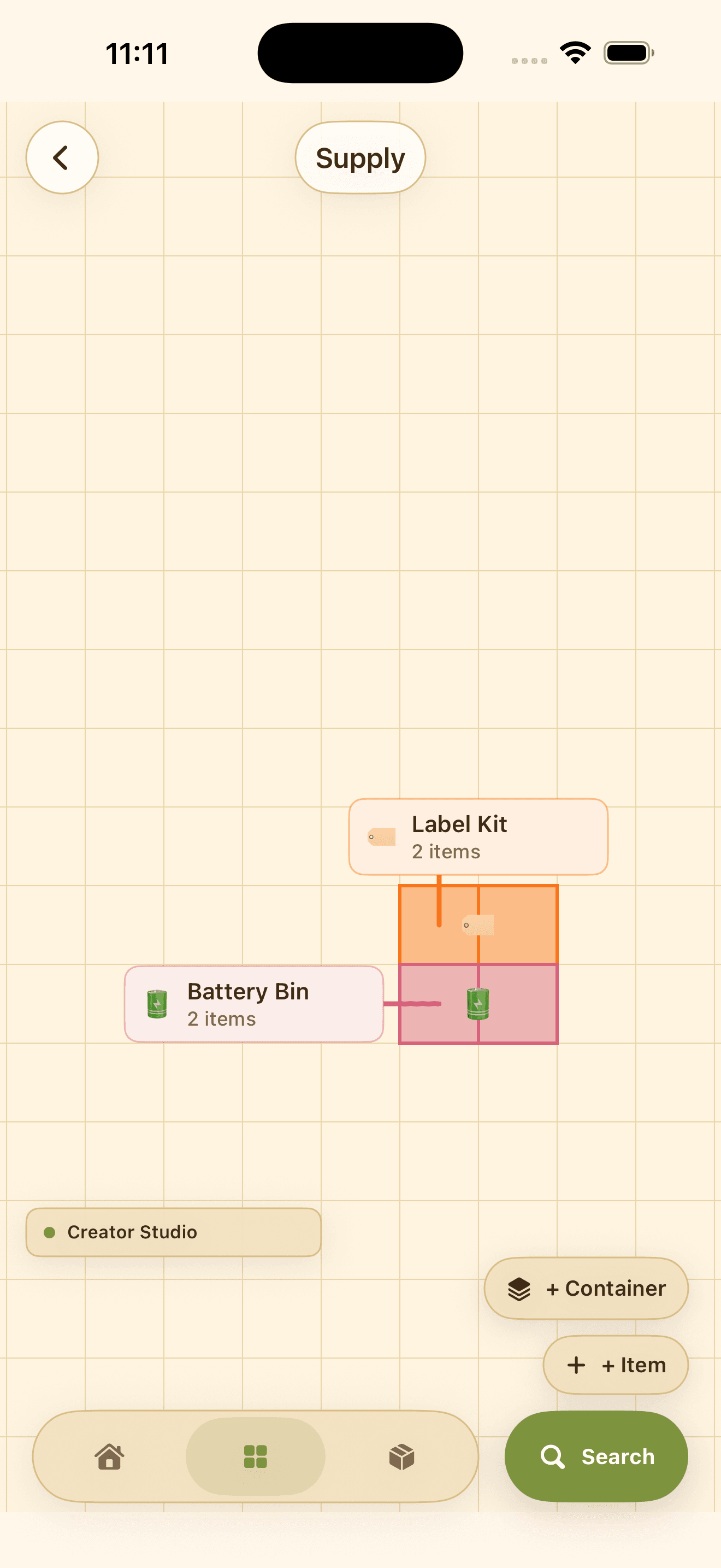 Tagomoto Supply area map showing Battery Bin and Label Kit containers.