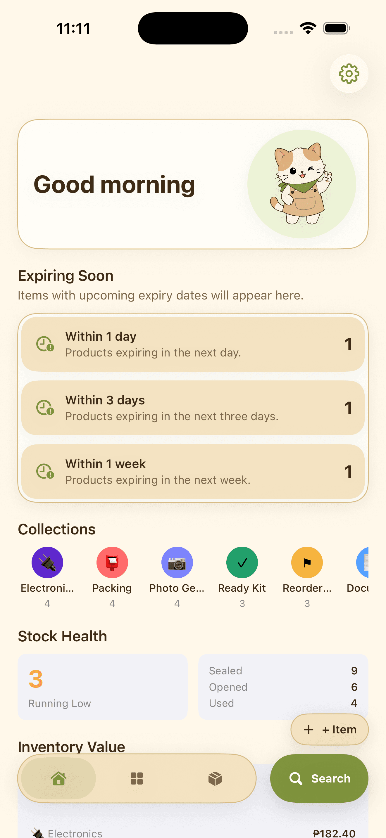 Tagomoto Home screen showing expiring soon, collections, and stock health.