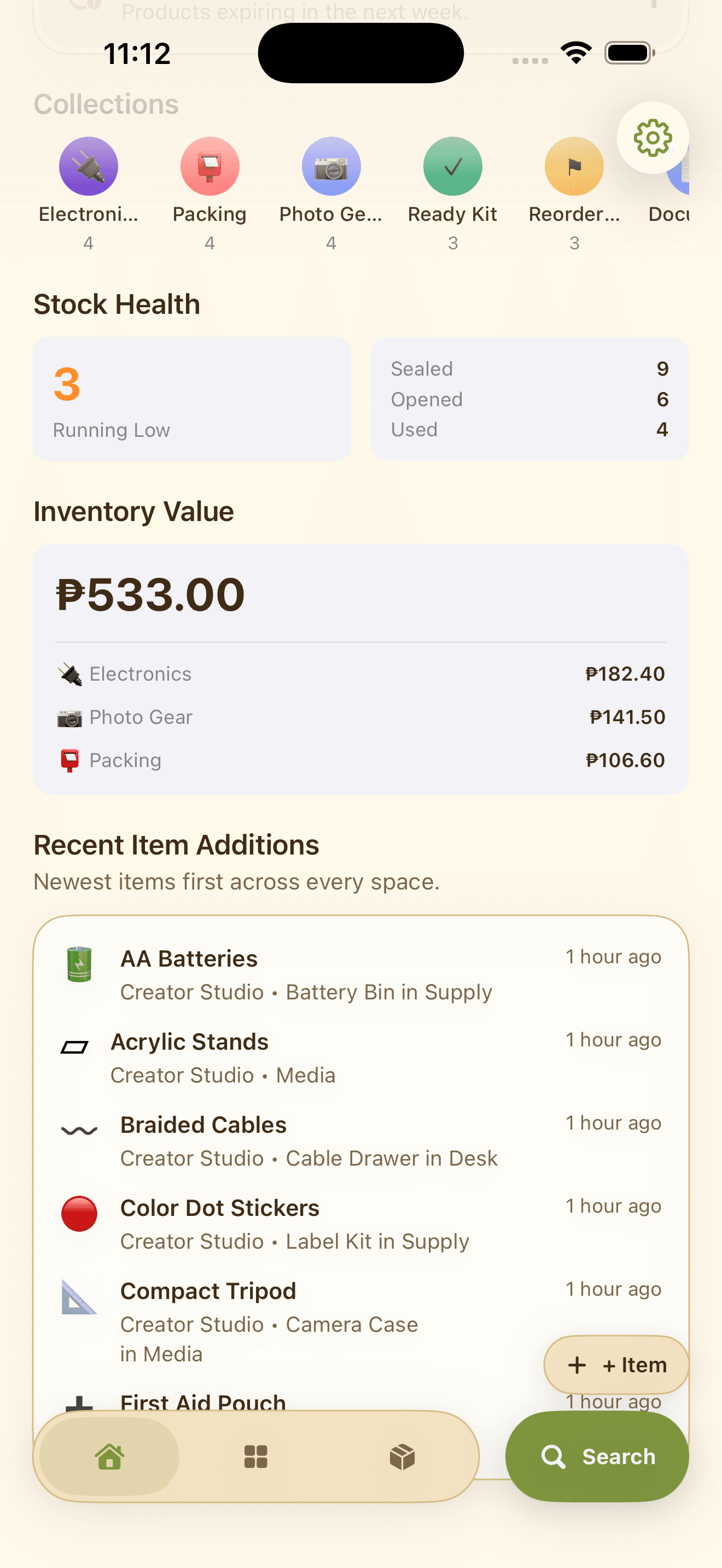 Tagomoto Home stock health, inventory value, and recent item additions.
