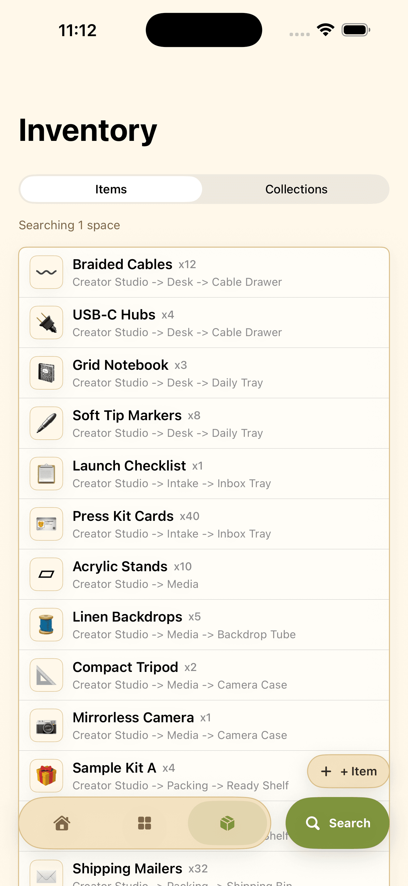 Tagomoto Inventory screen with item rows and storage paths.