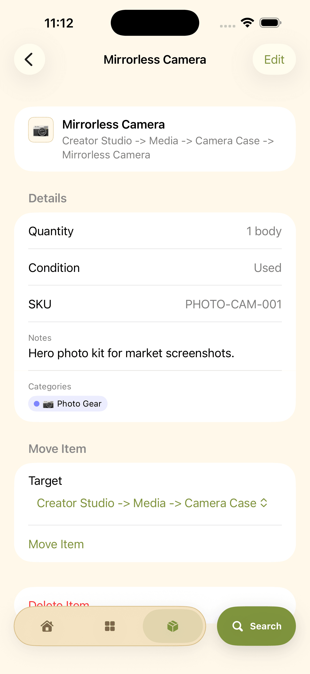 Tagomoto item detail screen for Mirrorless Camera.